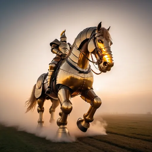 Prompt: biggest giant firebreathing armored warhorse in the world, overhead golden hour lighting, foggy wide angle view, infinity vanishing point