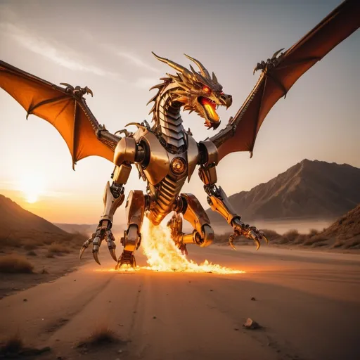 Prompt: ROBOT FIRE DRAGON SWOOPING DOWN ON INFERIOR OBSOLETE HUMANS, overhead golden hour lighting, extra wide angle field of view, infinity vanishing point