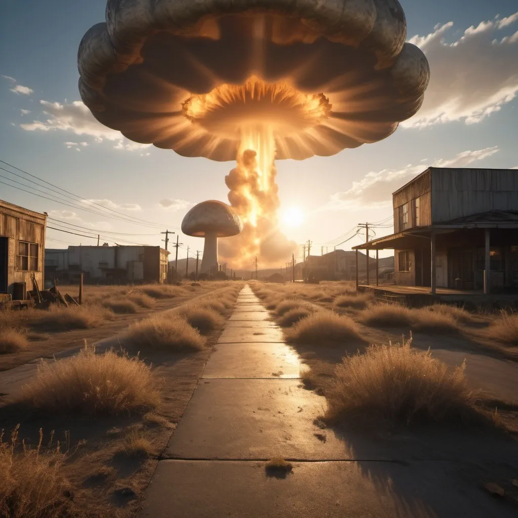 Prompt: show a scene of fallout, distant mushroom cloud, golden hour overhead lighting, extra wide angle view, infinity vanishing point