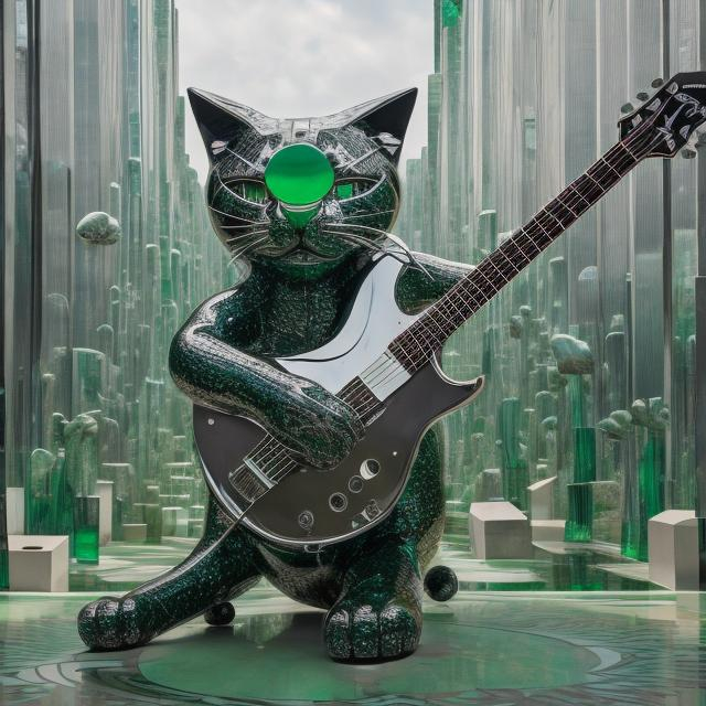 Prompt: ((((giant cat playing guitar) chrome statue inlaid with emeralds) in the style of Jakub Różalski) infinity vanishing point) wide perspective view