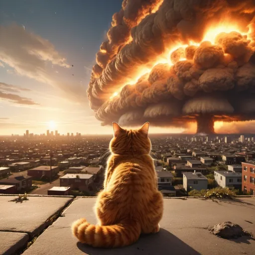 Prompt: Garfield the cat at the end of the world. Distant nuclear mushroom cloud flashes. Many falling meteors. Many tornados. Giant tsunami tidal waves. Giant city fire. Golden hour overhead lighting, extra wide angle view, infinity vanishing point.