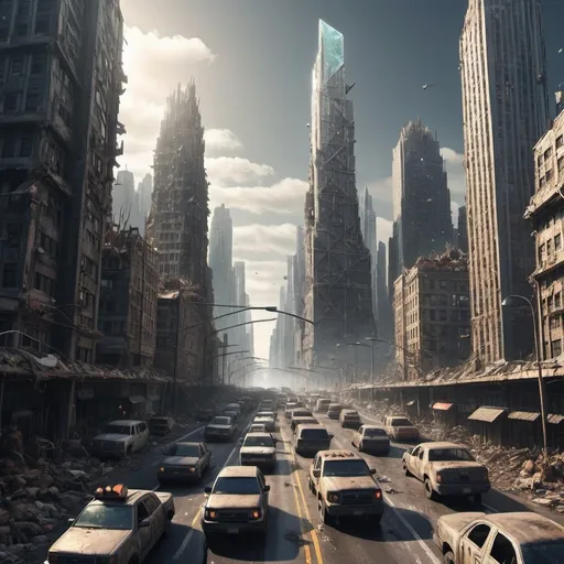 Prompt: infinite rush hour traffic post apocalyptic crystal skyscraper city