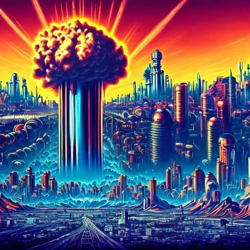 Prompt: chrome city, nuclear blast cloud background