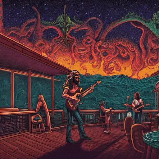 Prompt: wide view, jesus band playing guitars at a patio barbeque grill, infinity vanishing point, Cthulhu nebula background