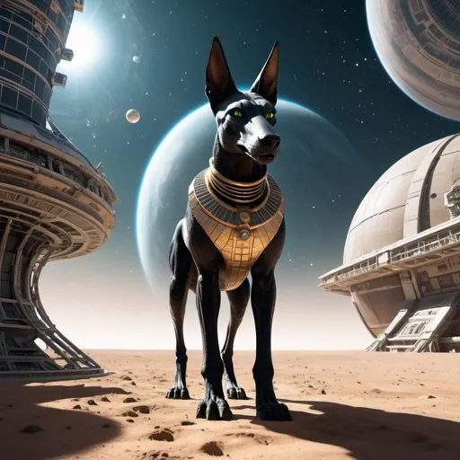 Prompt: Anubis floating in space outside a distant ancient surreal space station, an evil techno-planet in the background, 25 degree offset, wide angle perspective, infinity vanishing point