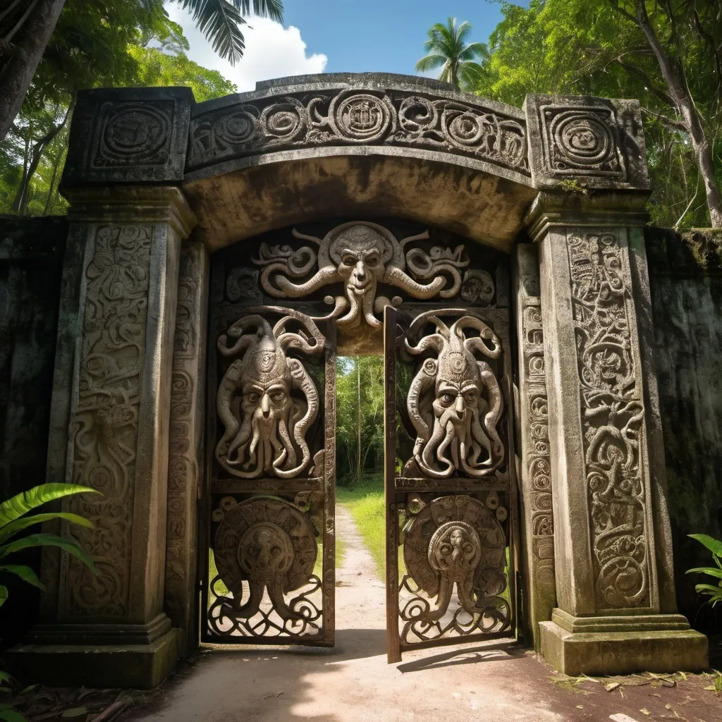 Prompt: in the Belize jungle, a giant ancient intricately detailed bas relief wall covered gate to the temple of cthulhu, overhead lighting shadows, wide angle view, infinity vanishing point