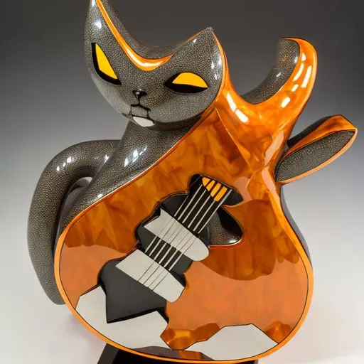 Prompt: ((((giant cat playing guitar) diamond statue inlaid with orange chrome) in the style of Ron English) wide perspective view) infinity vanishing point