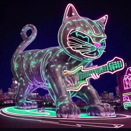 Prompt: ((((giant cat playing guitar) neon chrome statue inlaid with diamonds) in the style of Ron English) wide perspective view) infinity vanishing point