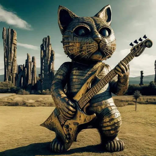 Prompt: giant weathered acid etched brass statue of a giant cat playing guitar, in the style of Jacek Yerka, widescreen view, infinity vanishing point