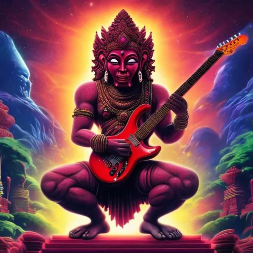 Prompt: wide view of a ruby bodybuilding vishnu playing guitar at an exotic temple, tropical jungle background, galaxy sky, infinity vanishing point