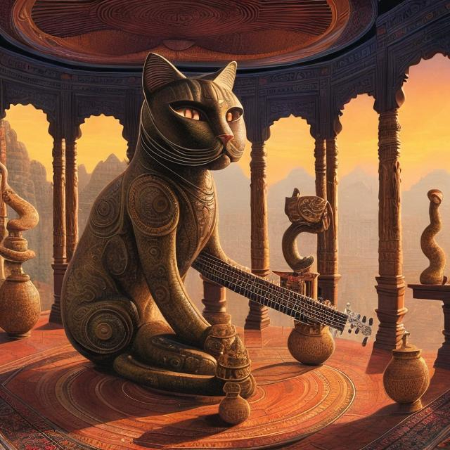 Prompt: panorama widescreen view of a giant bronze cat playing a sitar, infinity vanishing point, in the style of Jacek Yerka