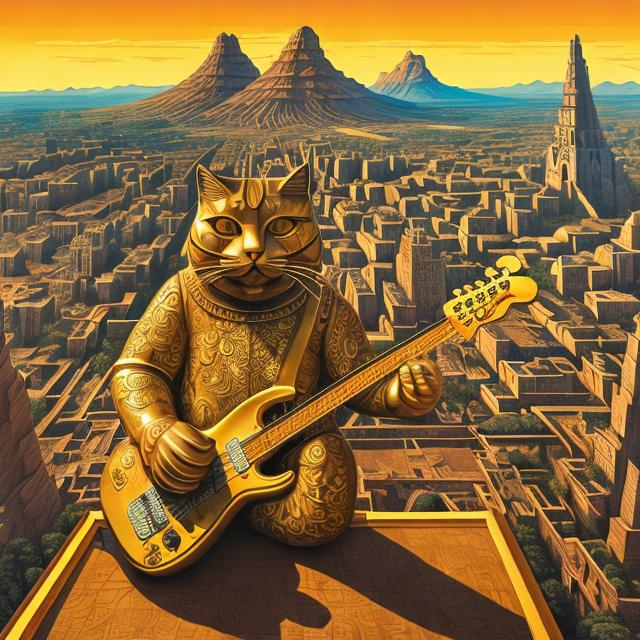 Prompt: giant damascened inlayed gold statue of a giant cat playing guitar, in the style of Jacek Yerka, wide perspective view, infinity vanishing point