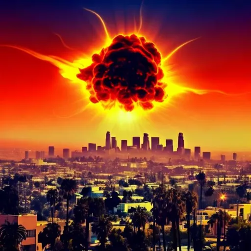 Prompt: los angeles skyline, nuclear blast cloud background