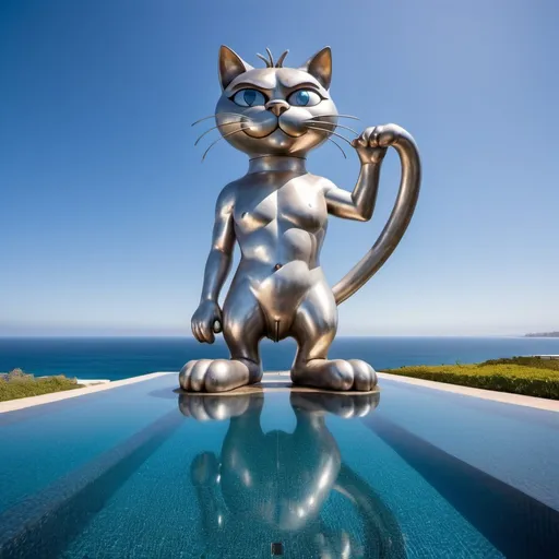 Prompt: giant metallic statue of Bill the cat from Bloom County, in a swimsuit, large wide infinity ocean infinity pool, wide angle view, 25 degree offset, infinity vanishing point