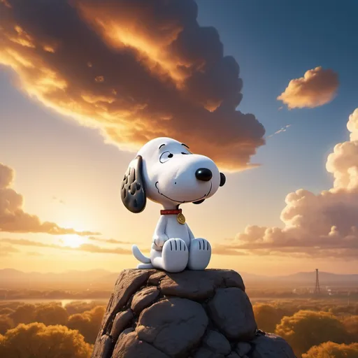 Prompt: Snoopy saving the world from artificial intelligence, distant atomic clouds, golden hour overhead lighting, extra wide angle view, infinity vanishing point