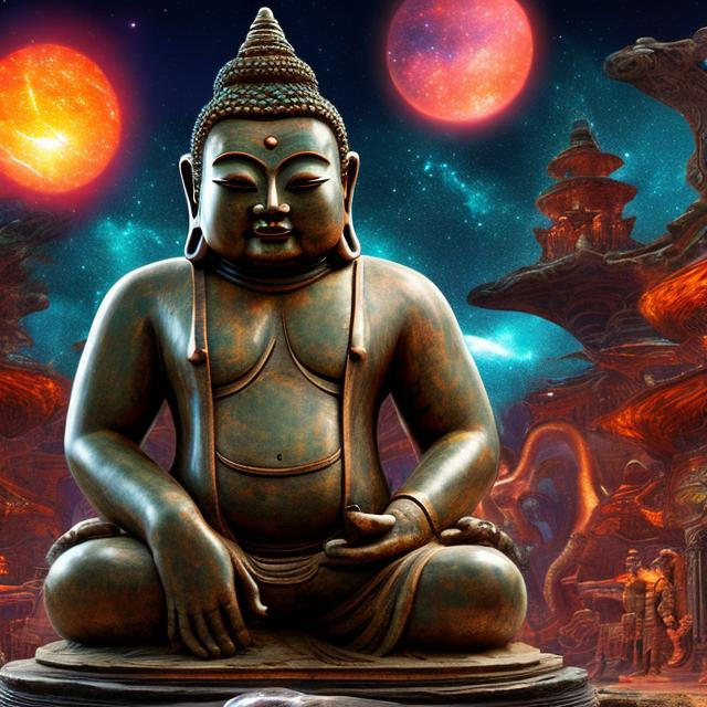 Prompt: widescreen image of an ancient patina copper bodybuilding buddha playing guitar in front of an exotic alien temple, tropical jungle background, galaxy sky, infinity vanishing point