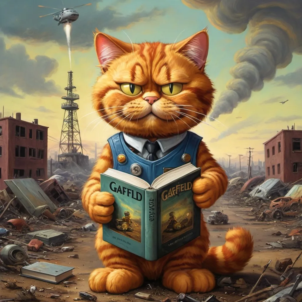 Prompt: Garfield the Cat Saves The World, post-nuclear-age-apocalyptic-science-fiction, surreal oil painting style, book cover