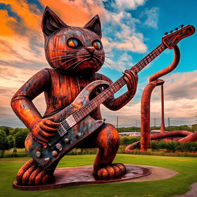 Prompt: giant rust streaked steel statue of a giant cat playing guitar, in the style of Jacek Yerka, widescreen view, infinity vanishing point