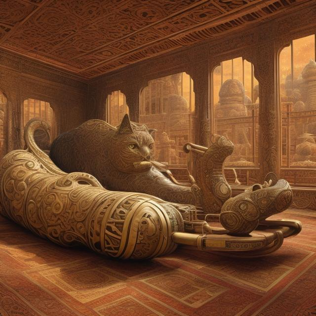 Prompt: panorama widescreen view of a giant bronze cat playing a sitar, infinity vanishing point, in the style of Jacek Yerka