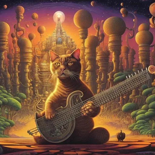 Prompt: panorama widescreen view of a giant cat playing a sitar, infinity vanishing point, in the style of Jacek Yerka