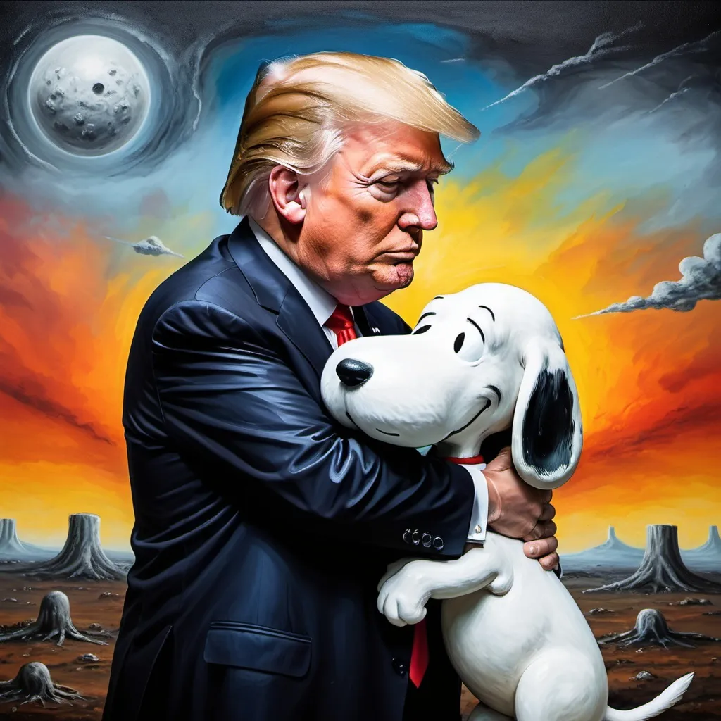 Prompt: Donald Trump hugging Snoopy, post-nuclear-age-apocalyptic-science-fiction, surreal-hallucination oil painting