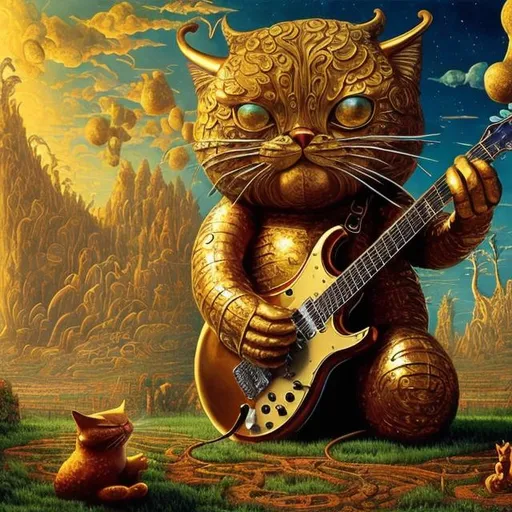 Prompt: giant gold cat playing a guitar, widescreen view, infinity vanishing point, in the style of Jacek Yerka