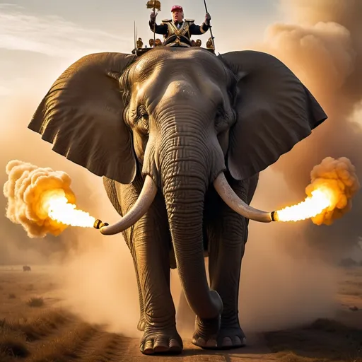 Prompt: Trump riding the biggest giant firebreathing armored war-elephant in the world, overhead golden hour lighting, foggy wide angle view, infinity vanishing point