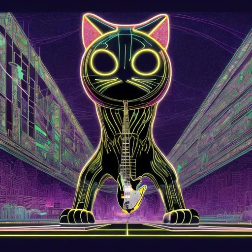 Prompt: ((((giant cat playing guitar) neon chrome statue inlaid with diamonds) in the style of Ron English) wide perspective view) infinity vanishing point