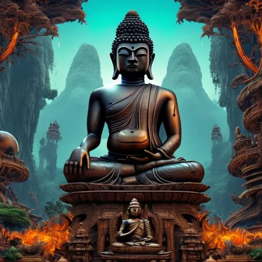 Prompt: widescreen letterbox style image of a oxidized bronze bodybuilding buddha playing guitar in front of an exotic alien temple, tropical jungle background, galaxy sky, infinity vanishing point