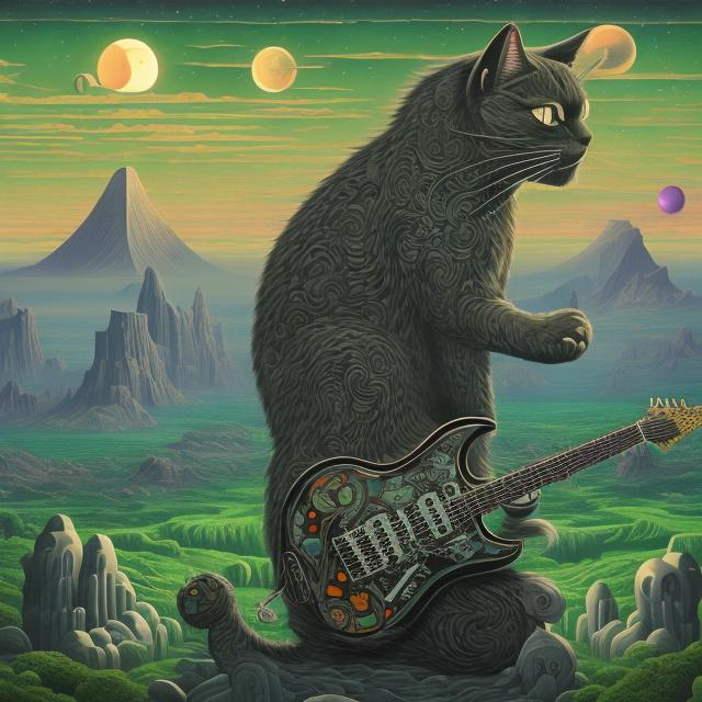 Prompt: giant cat playing guitar, made of obsidian inlaid with green jade cat playing guitar, in the style of Jacek Yerka, wide perspective view, infinity vanishing point