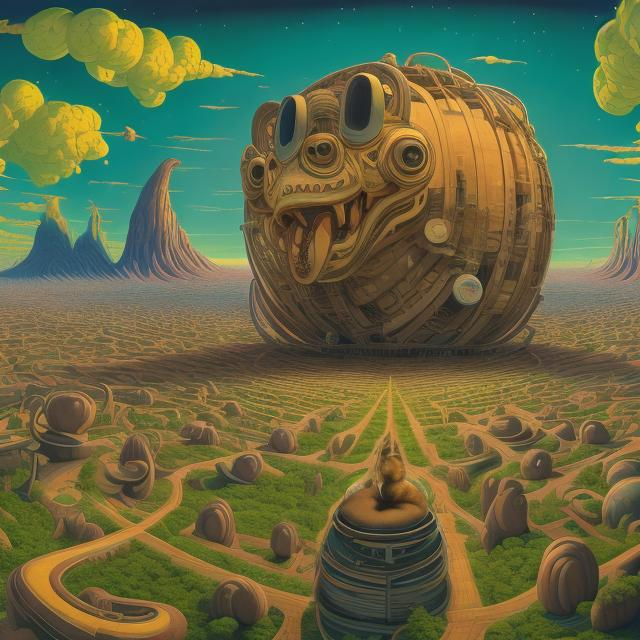 Prompt: panorama widescreen view of a giant cat playing guitar, infinity vanishing point, in the style of Jacek Yerka