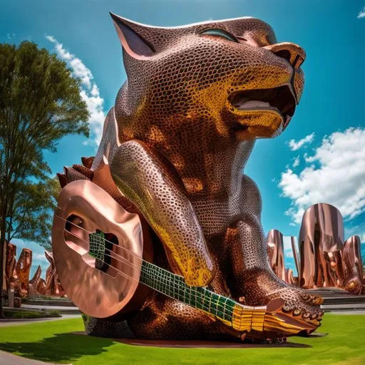 Prompt: ((((giant cat playing guitar) copper statue inlaid with emeralds) in the style of Jacek Yerka) wide perspective view) infinity vanishing point