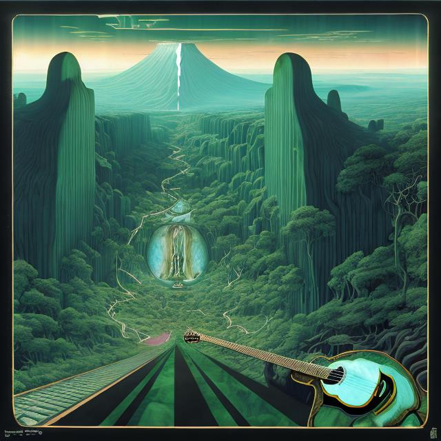 Prompt: giant obsidian inlaid with green jade cat playing guitar, in the style of Jacek Yerka, wide perspective view, infinity vanishing point