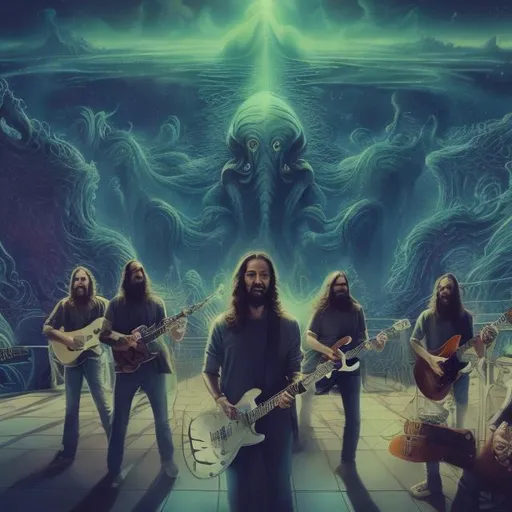 Prompt: wide view of a jesus septet playing guitars, at an exotic rooftop infinity pool, infinity vanishing point, cthulhu nebula background