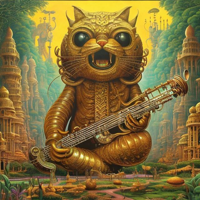 Prompt: giant gold cat playing a sitar, widescreen view, infinity vanishing point, in the style of Jacek Yerka