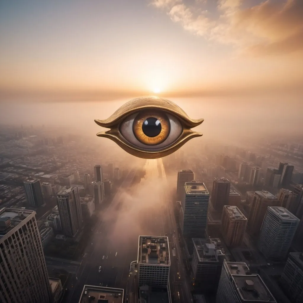 Prompt: giant flying eyes crying on the city below, overhead golden hour lighting, foggy wide angle view, infinity vanishing point