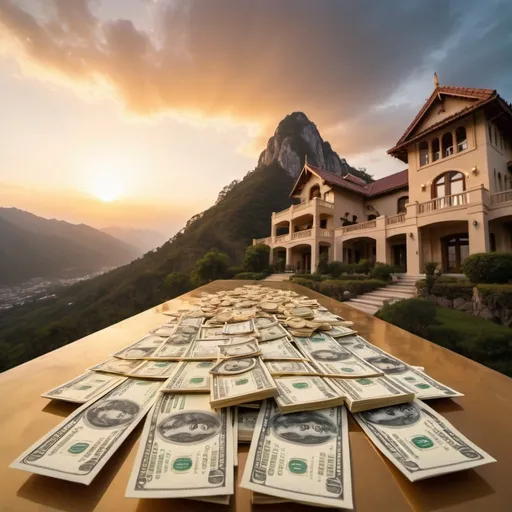 Prompt: stolen money mountain, outdoors exotic mansion background, overhead golden lighting, wide angle view, infinity vanishing point