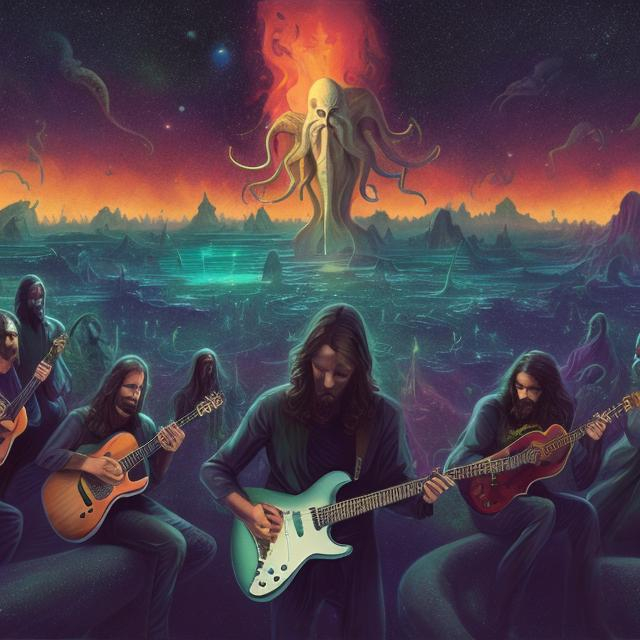 Prompt: wide view of a jesus septet playing guitars, at an exotic rooftop infinity pool, infinity vanishing point, cthulhu nebula background