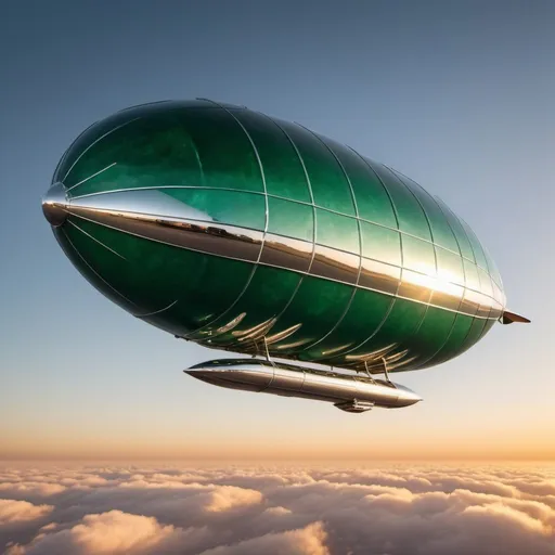 Prompt: giant emerald chrome zeppelin in flight, golden hour overhead lighting, extra wide angle view, infinity vanishing point