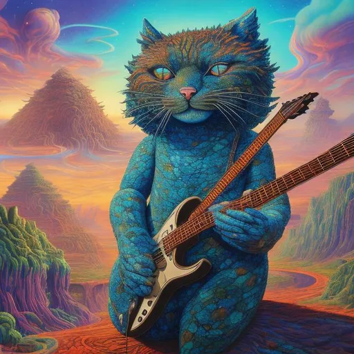 Prompt: giant Azurite cat playing a guitar, widescreen view, infinity vanishing point, in the style of Jacek Yerka