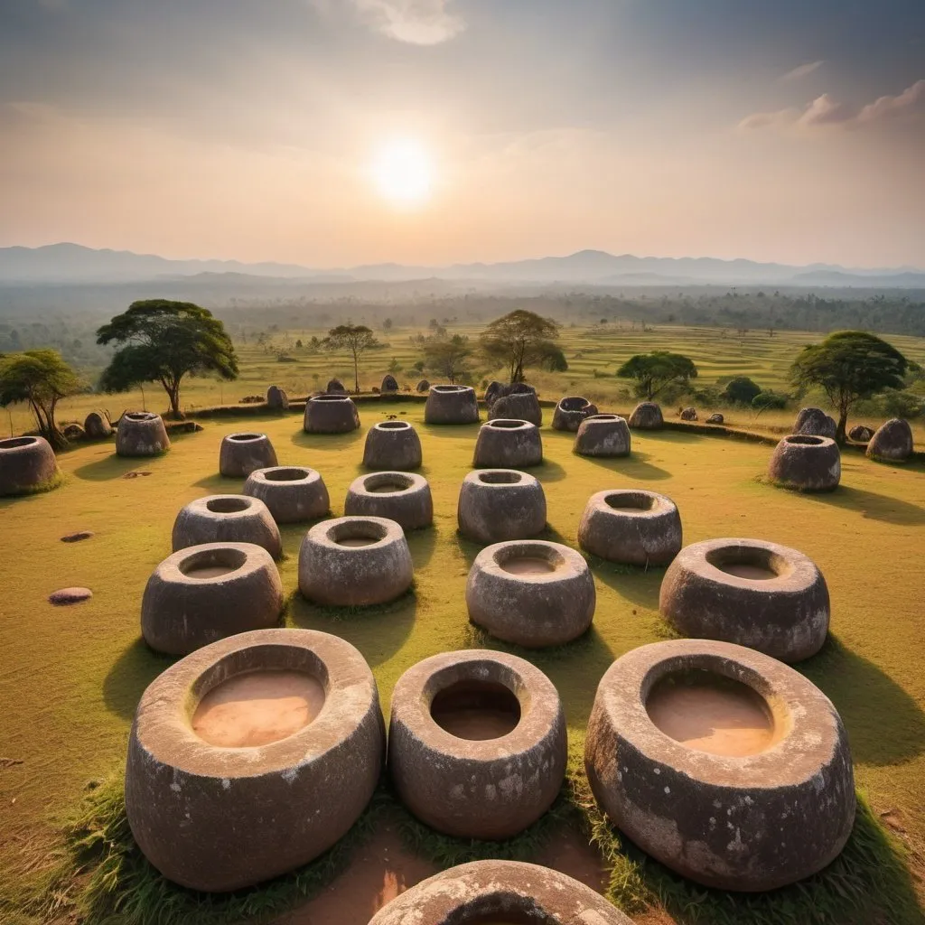 Prompt: the Plain of Jars in Laos, overhead golden hour lighting, extra wide angle view, infinity vanishing point