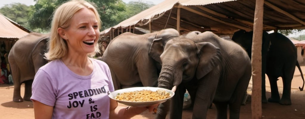 Prompt: A blonde woman wearing a light purple shirt, with a text in black saying "Spreading joy"
 the woman is giving food for malnourished kids, the food is a plate of beans with rice. 
In the sided there is tents with crates of humanitarie help.
The day is very sunny. 
In the background there is some elephants and chittas

