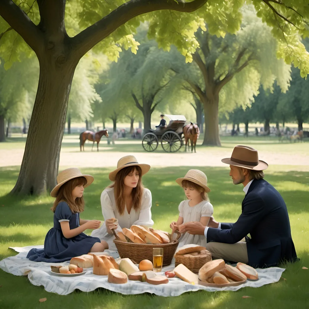 Prompt: dreamy, dark, sad, family picnic, beautiful girl: Caroline de Maigret, handsome boy: Viggo Mortensen, elm  trees, garden, filtered sunlight, style of Manet, Paris, park setting, children, horse and buggy, bread, cheese, wine