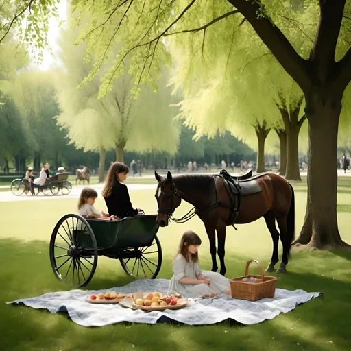 Prompt: dreamy, dark, sad, family picnic, beautiful girl: Caroline de Maigret, handsome boy: Viggo Mortensen, Cherry trees, filtered sunlight, style of Manet, Paris, park setting, children, horse and buggy