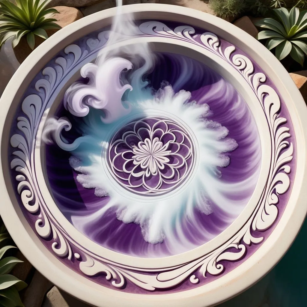 Prompt: A birds eye view of a basin of magical water. There are carvings of frog warriors on it's side. The inside is filled with liquid that gives off white and purple energy. There is swirling smoke coming out of it. 