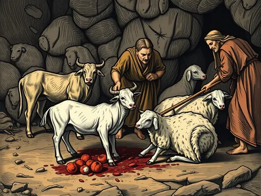Prompt: Slaughtering calves and sheep in the Old Testament