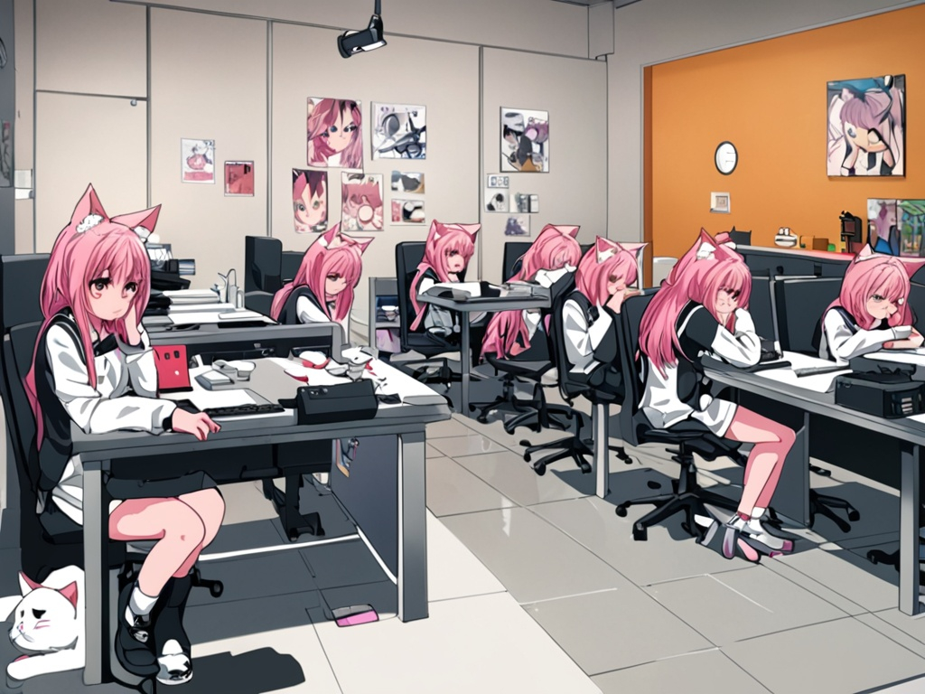 Prompt: anime, girl, detailed, pink hair, shy, cat ears, very detailed