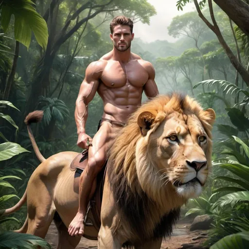 Prompt: photorealistic picture of a handsome, bare-chested, muscular man in a thong riding a lion through the jungle