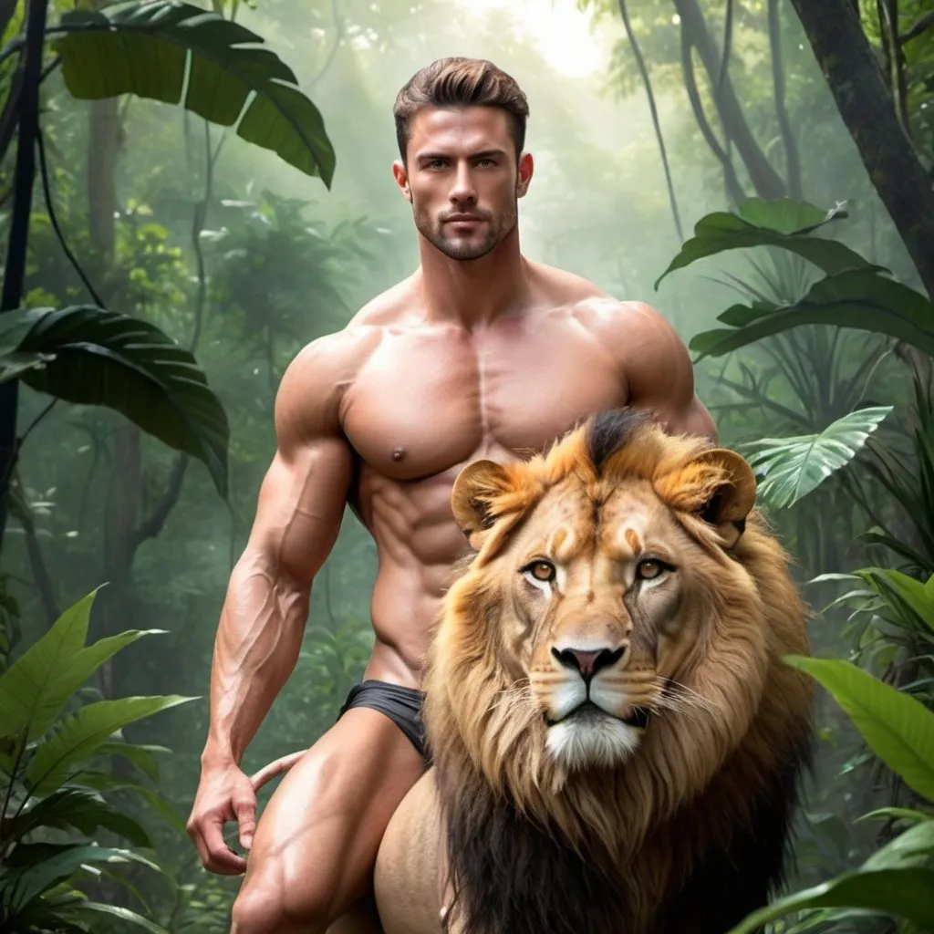 Prompt: photorealistic picture of a handsome, bare-chested, muscular man in a thong riding a lion through the jungle