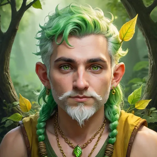 Prompt: Portrait, male gnome Druid, green hair, green eyes, yellow skin, necklace with a leaf pendant